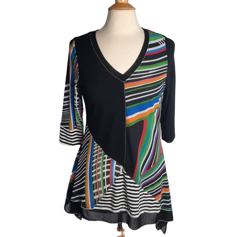 LIOR PARIS Printed Patchwork V-Neck Mesh Tunic Top Sz S Blk/Multi